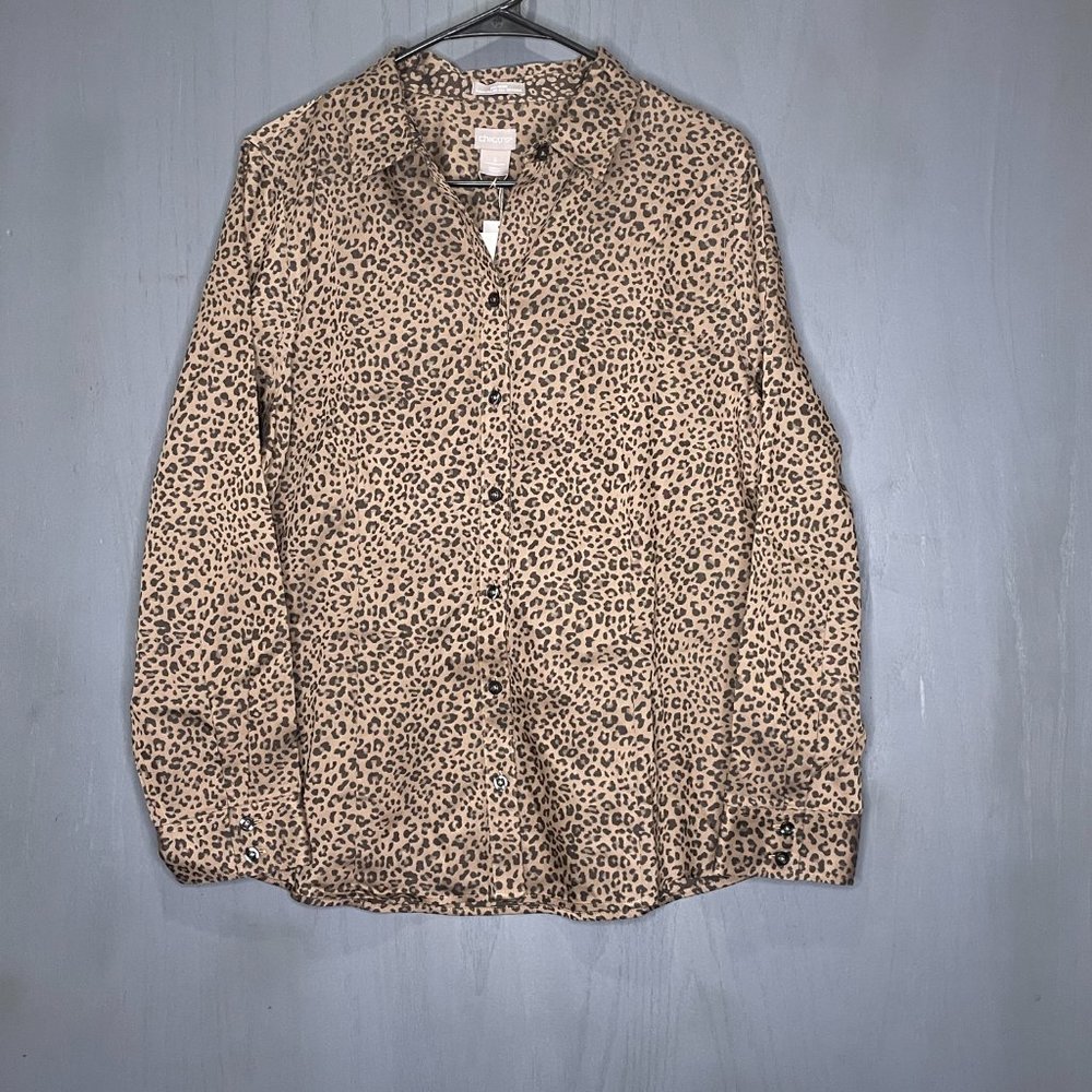CHICOS Size 2 Women’s Brown Cheetah Non-Iron Cool Max L/S Button Up (US 12/14)